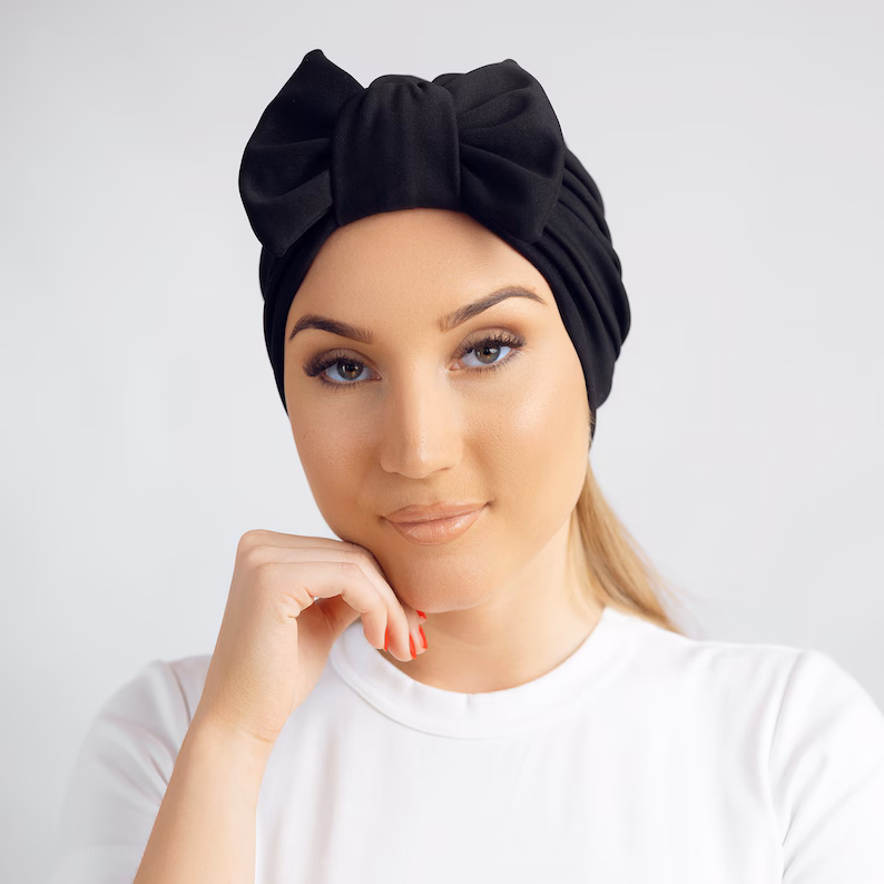 Turban for women,turban with removable bow,satin lined turban cap, pretied headwrap gift,chemo headscarf, alopecia beanie,gift for her